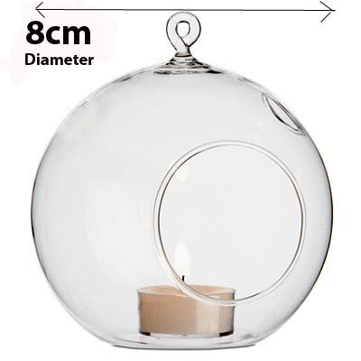 10 x Hanging Clear Glass Ball Tealight Candle Holder  - 8cm Diameter / High - Wedding Globe Decoration Terrarium Succulent Plant Mini Garden Holder Decor Craft Gift