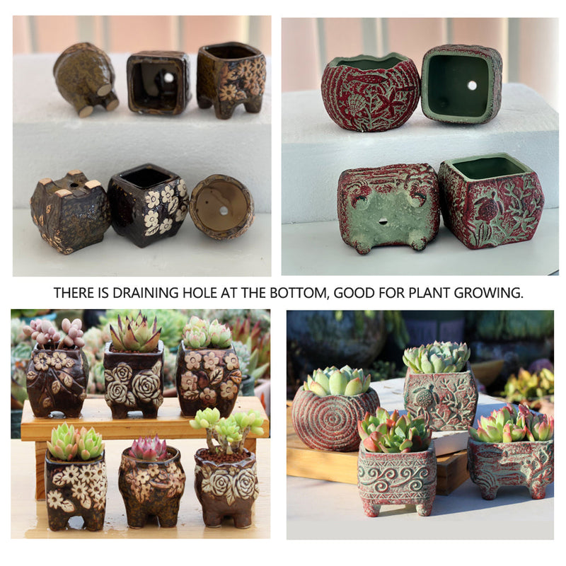 4/5/6 Pots Set Ceramic Clay Pottery Pots Succulent Flower Planter Draining Hole(Style 01# 4 Pots Set)