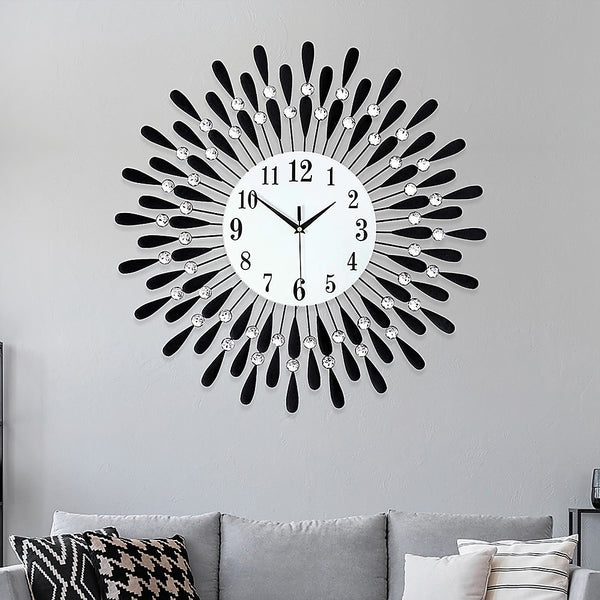 Large Modern 3D Crystal Wall Clock Luxury Art Metal Round Home Decor