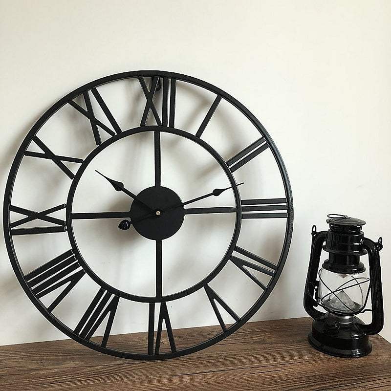 60cm Industrial Large Wall Clock, Round Metal Wall Clocks Roman Numerals Style